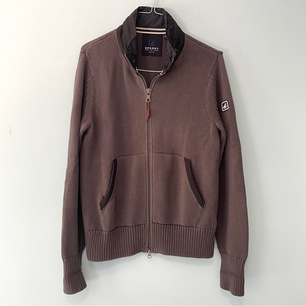 SPERRY Men’s Top Sider Zip Up Sweater Hidden Hood in Grayish Brown